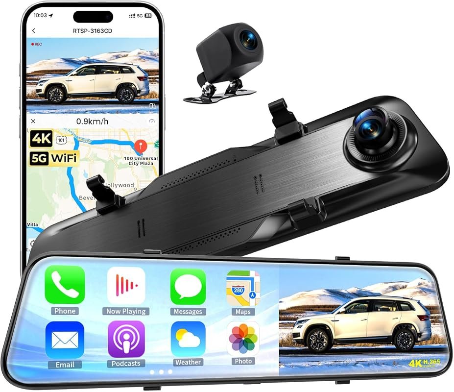 13‑inch 4K rear‑view mirror camera with wireless CarPlay and Android A
